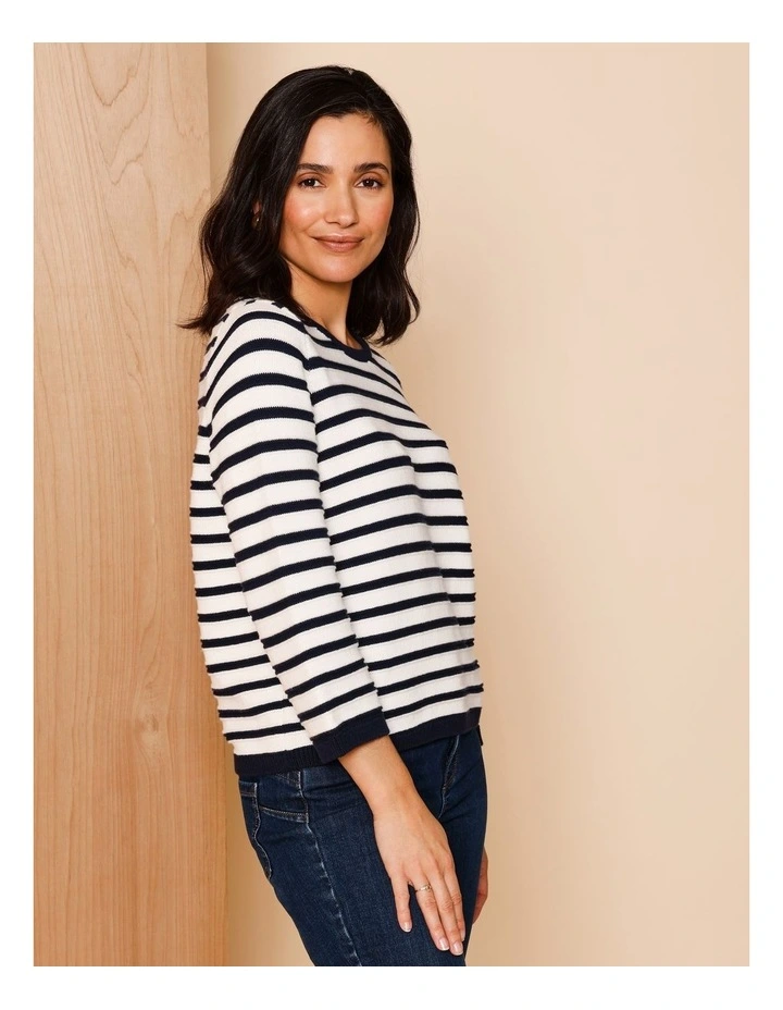 Organic Cotton Boat Neck Button Shoulder Jumper With Curved Hem In Navy/Ivory Stripe image 4