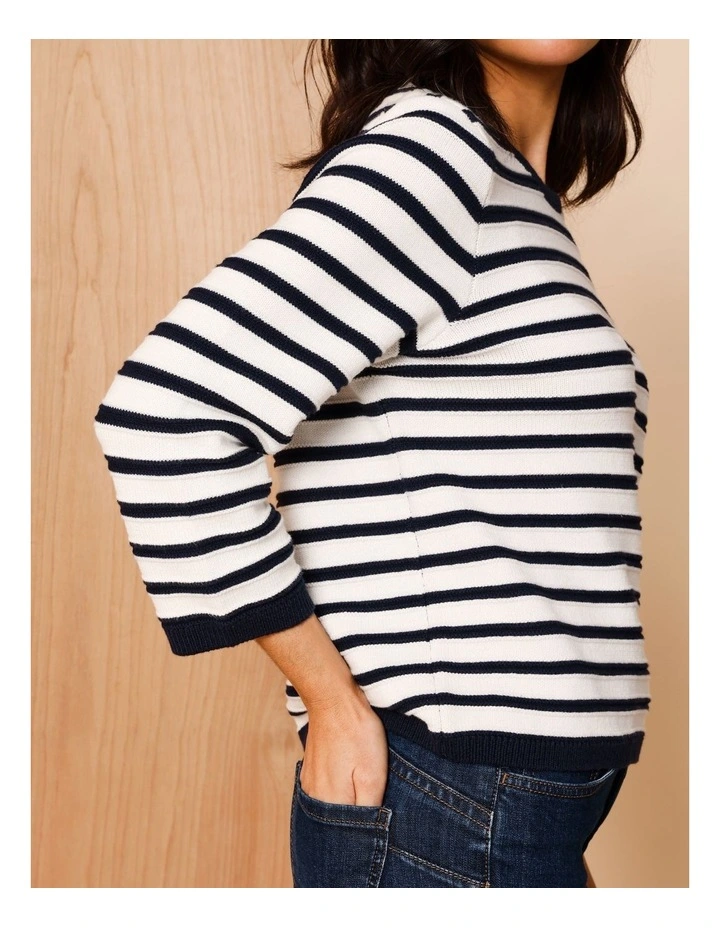 Organic Cotton Boat Neck Button Shoulder Jumper With Curved Hem In Navy/Ivory Stripe image 5