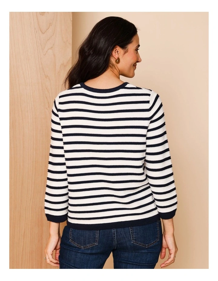 Organic Cotton Boat Neck Button Shoulder Jumper With Curved Hem In Navy/Ivory Stripe image 6