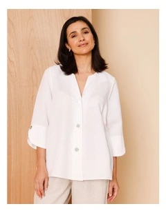 3/4 Sleeve Notch Neck Shirt With Button Cuff In White