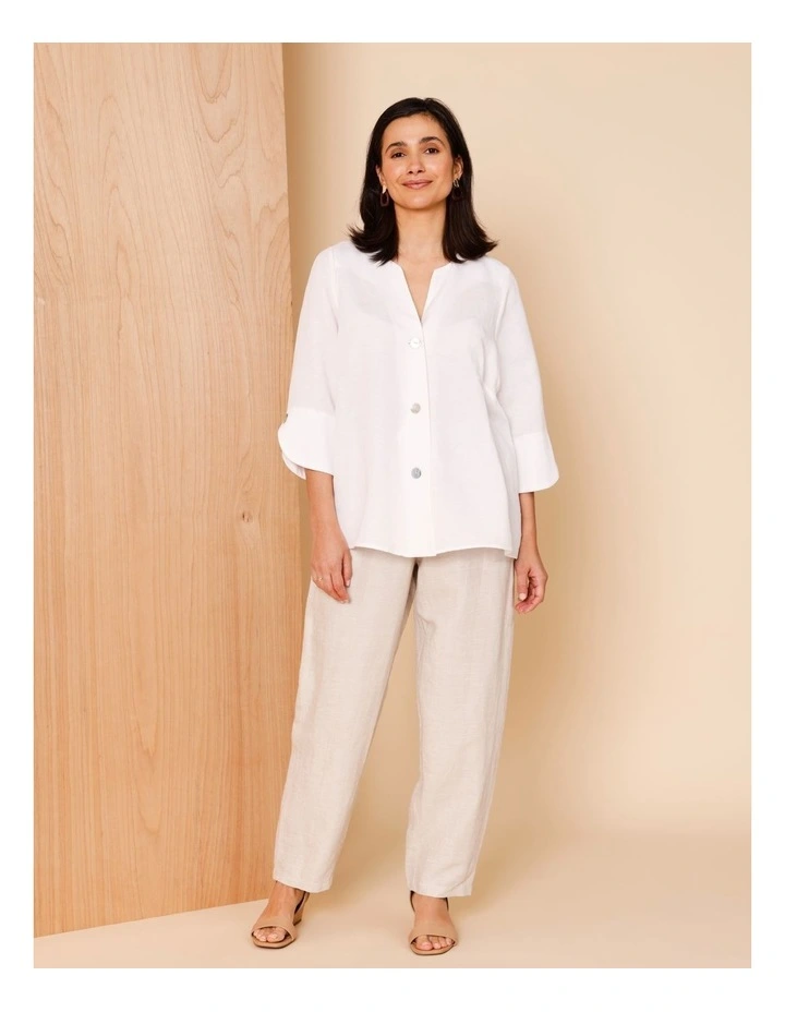 3/4 Sleeve Notch Neck Shirt With Button Cuff In White image 2