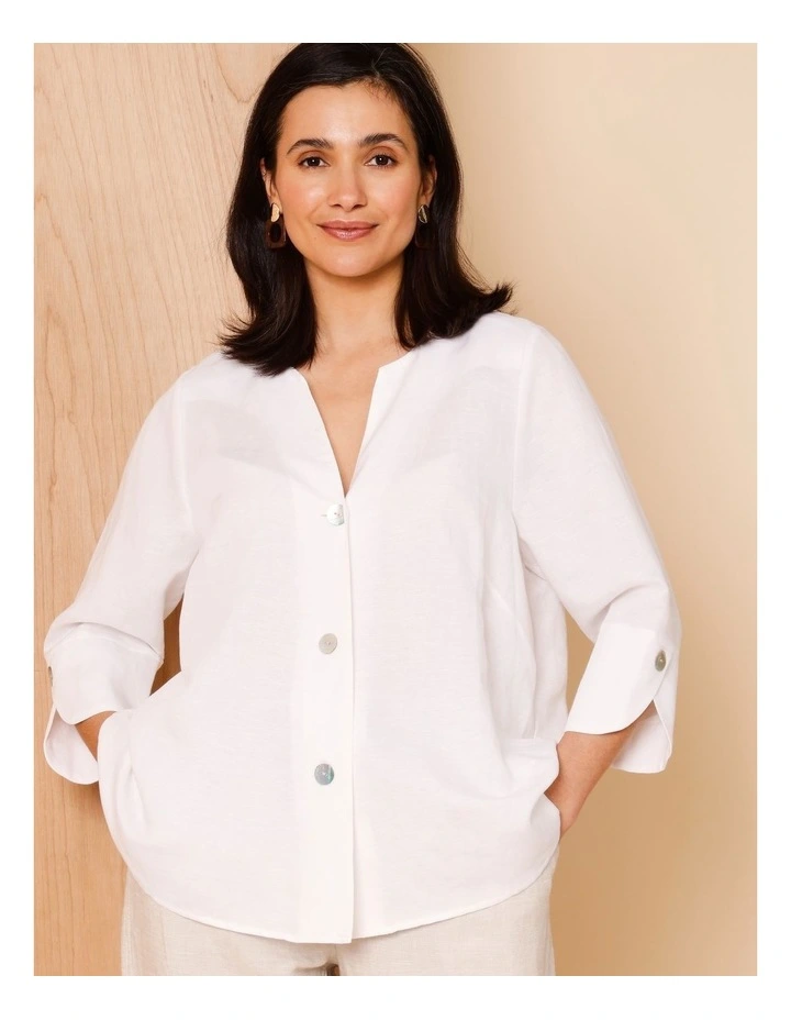 3/4 Sleeve Notch Neck Shirt With Button Cuff In White image 3
