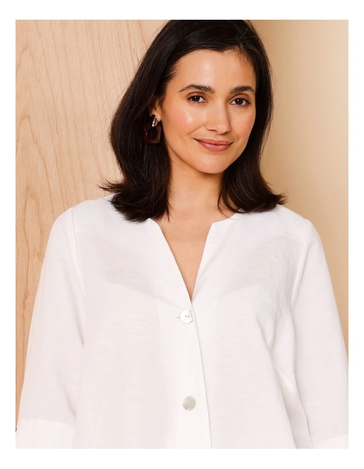 3/4 Sleeve Notch Neck Shirt With Button Cuff In White image 4