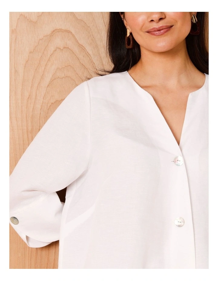 3/4 Sleeve Notch Neck Shirt With Button Cuff In White image 5