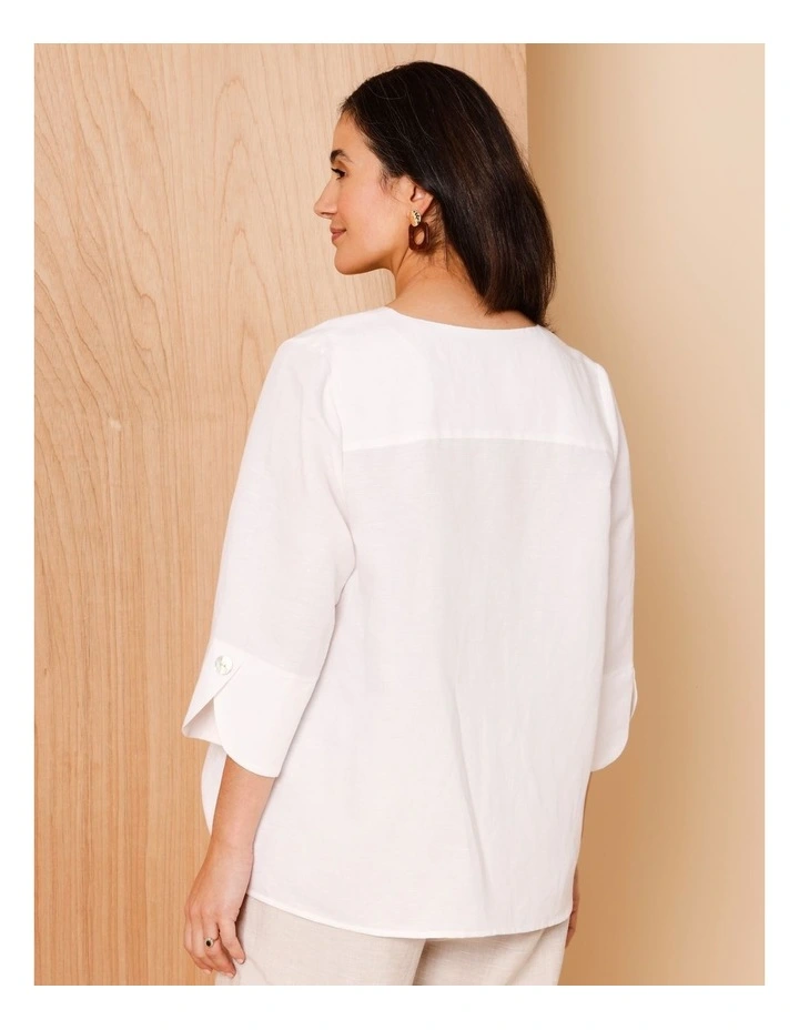 3/4 Sleeve Notch Neck Shirt With Button Cuff In White image 6