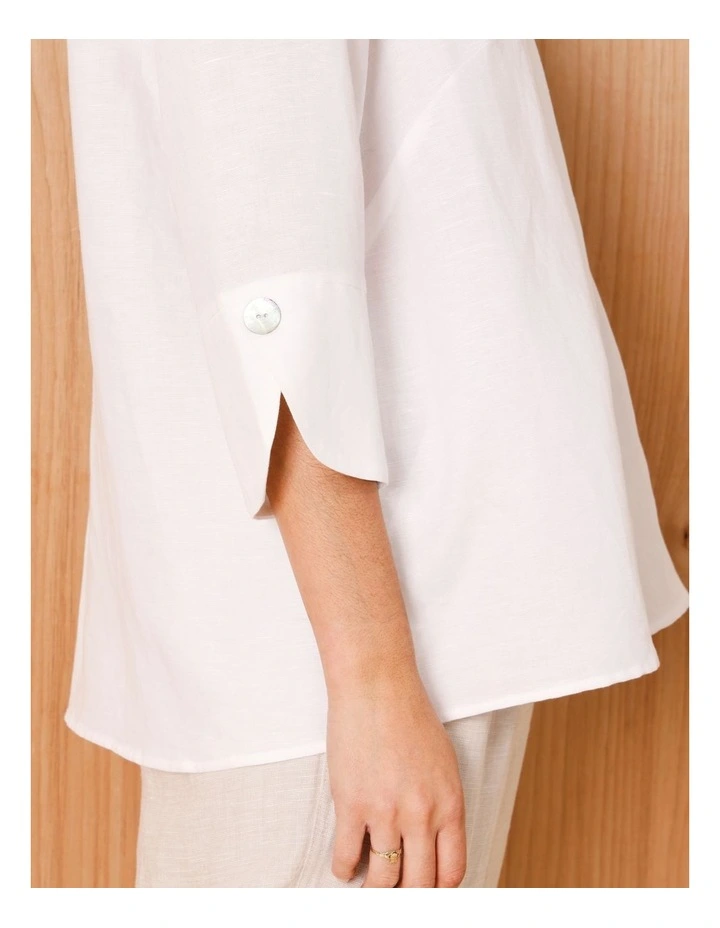3/4 Sleeve Notch Neck Shirt With Button Cuff In White image 7