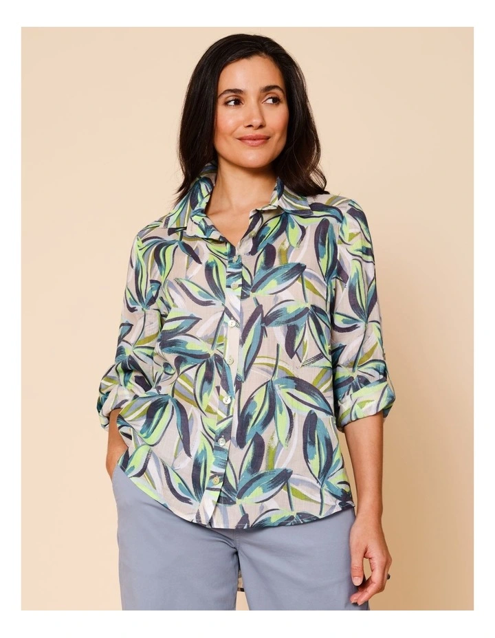 Button Through Rami Shirt With Rolled Sleeve In Neutral Ground Tropical image 1