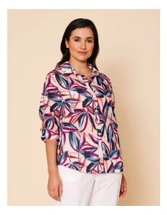 Button Through Rami Shirt With Rolled Sleeve In Pink Ground Tropical Print