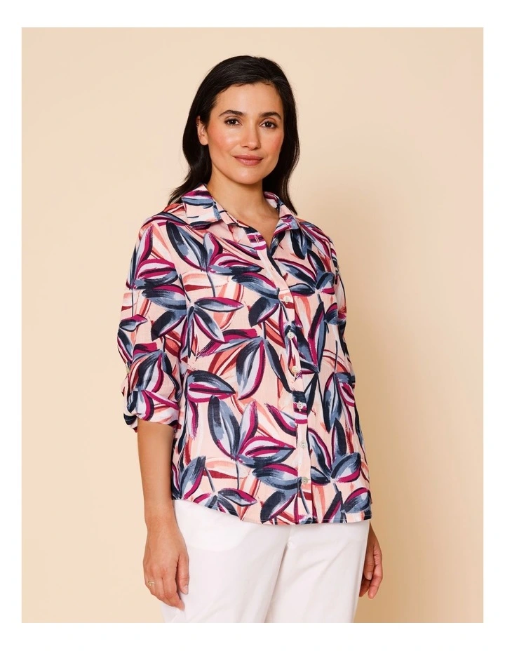 Button Through Rami Shirt With Rolled Sleeve In Pink Ground Tropical Print image 1