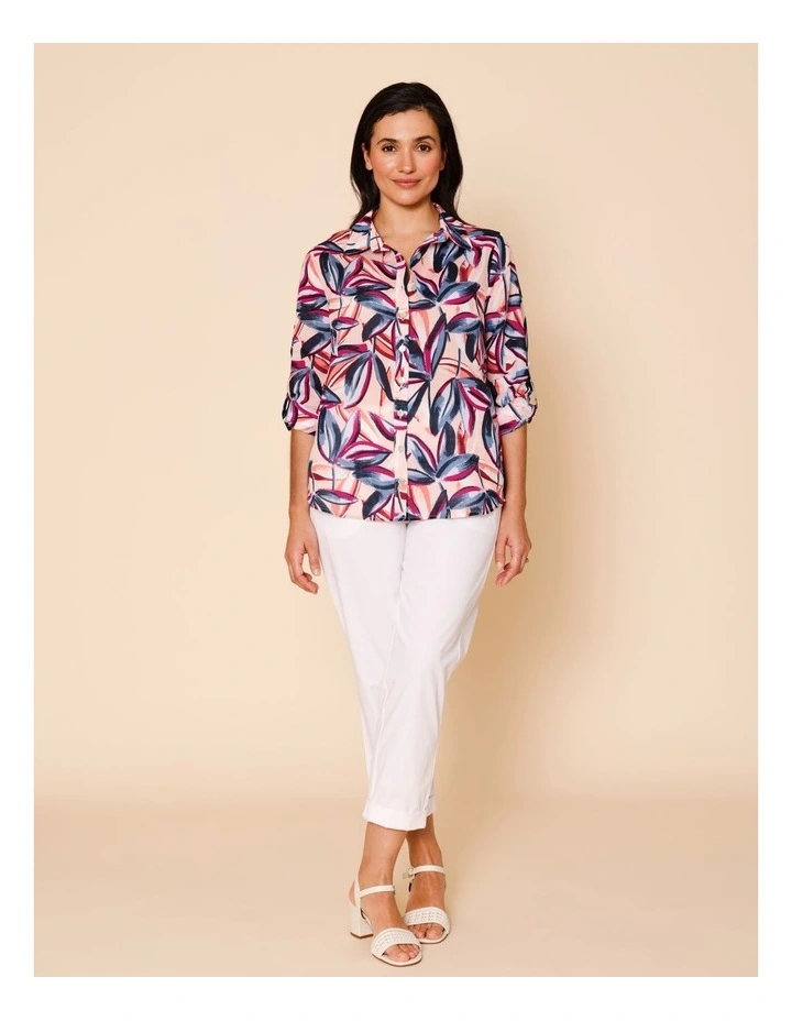 Button Through Rami Shirt With Rolled Sleeve In Pink Ground Tropical Print image 2