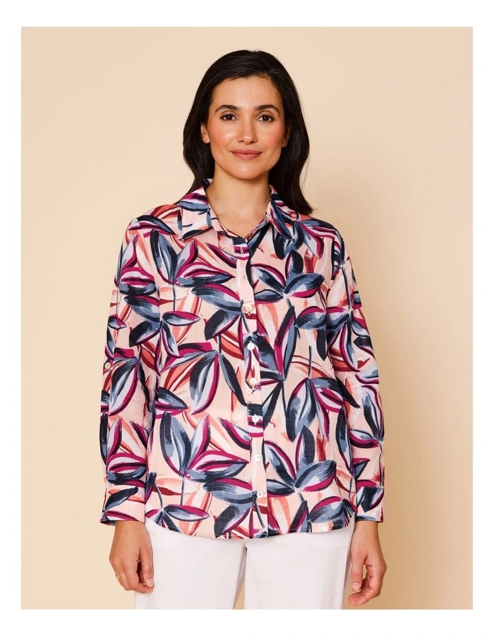 Button Through Rami Shirt With Rolled Sleeve In Pink Ground Tropical Print image 3
