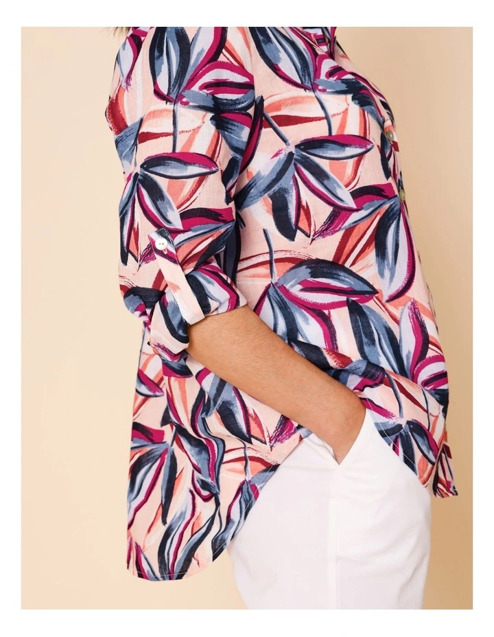 Button Through Rami Shirt With Rolled Sleeve In Pink Ground Tropical Print image 4