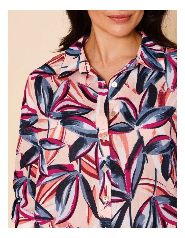 Button Through Rami Shirt With Rolled Sleeve In Pink Ground Tropical Print image 5