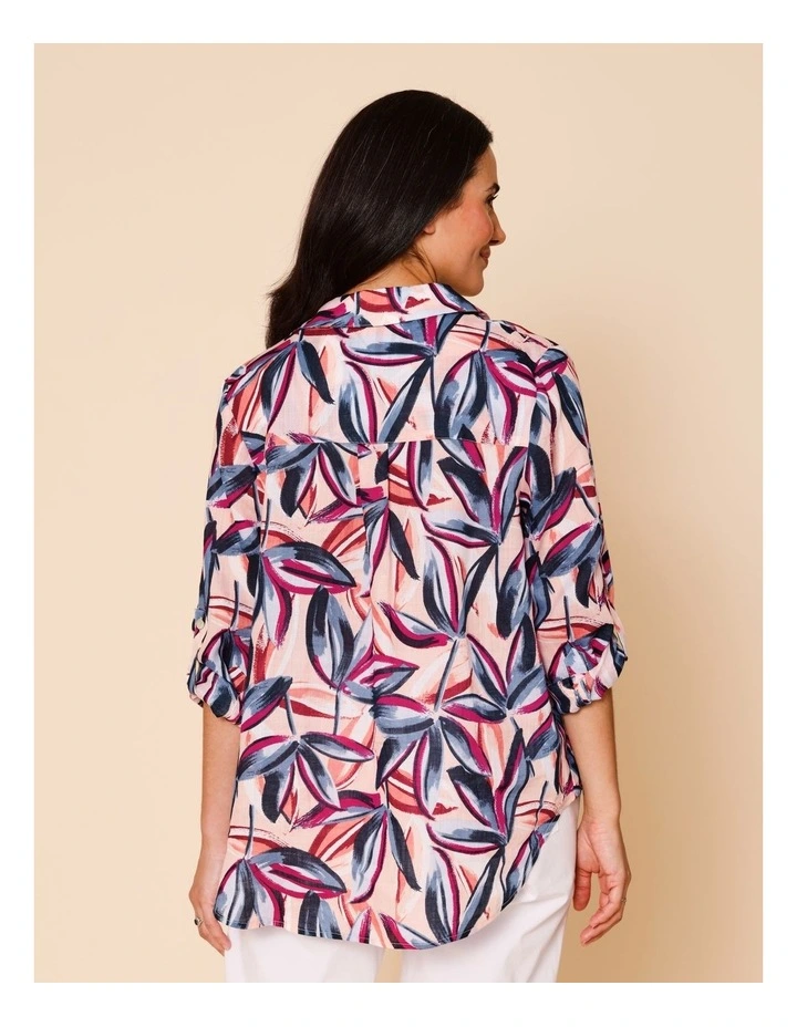 Button Through Rami Shirt With Rolled Sleeve In Pink Ground Tropical Print image 6