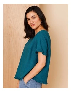 Short Frill Sleeve And Hem Top In Teal