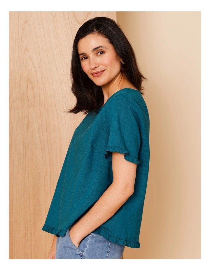 Short Frill Sleeve And Hem Top In Teal image 1