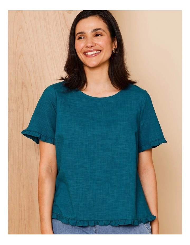 Short Frill Sleeve And Hem Top In Teal image 2