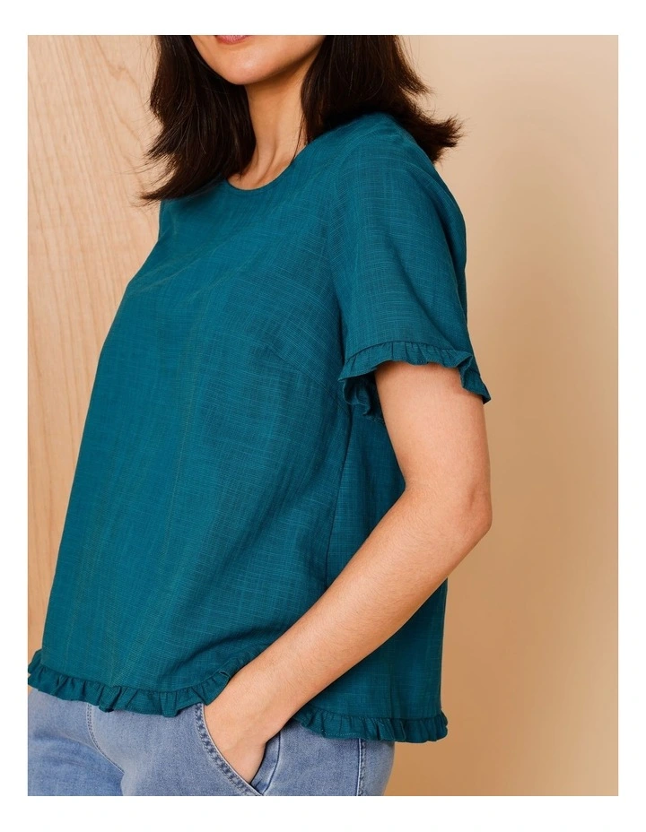 Short Frill Sleeve And Hem Top In Teal image 4