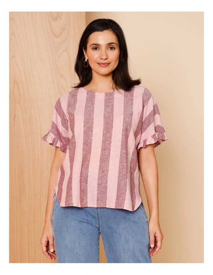 Frill Short Sleeve Vertical Stripe Top In Pinks image 1