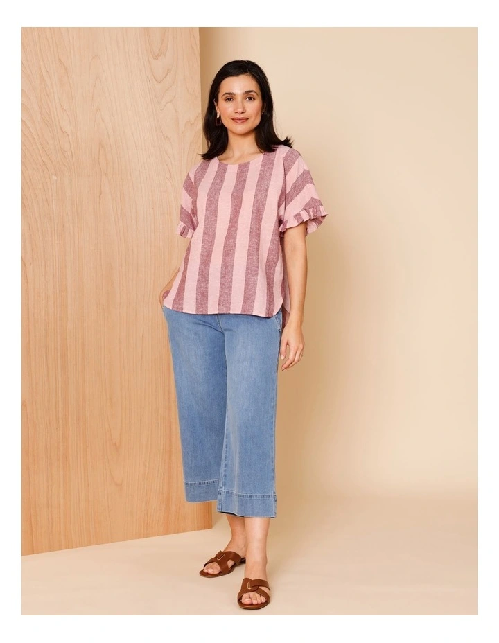 Frill Short Sleeve Vertical Stripe Top In Pinks image 3