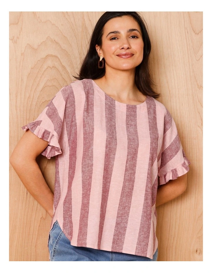 Frill Short Sleeve Vertical Stripe Top In Pinks image 4