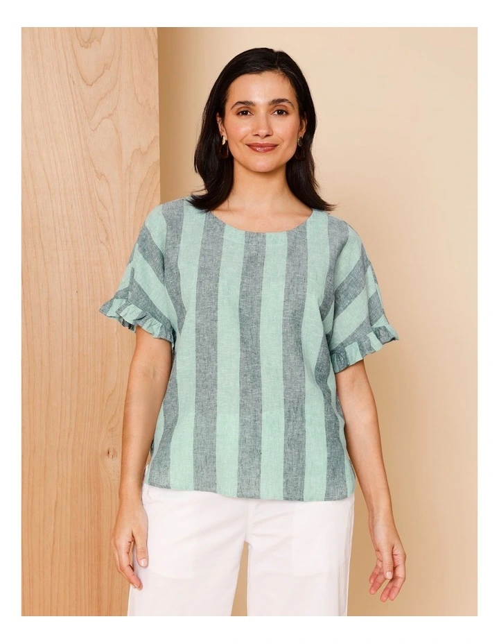 Frill Short Sleeve Vertical Stripe Top In Teals image 1