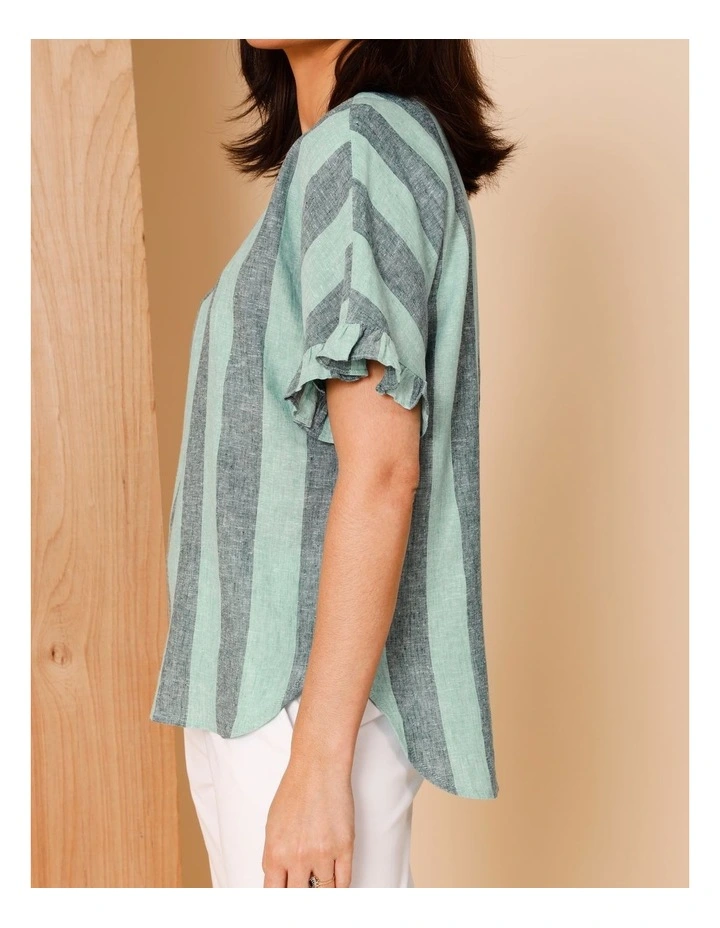 Frill Short Sleeve Vertical Stripe Top In Teals image 2