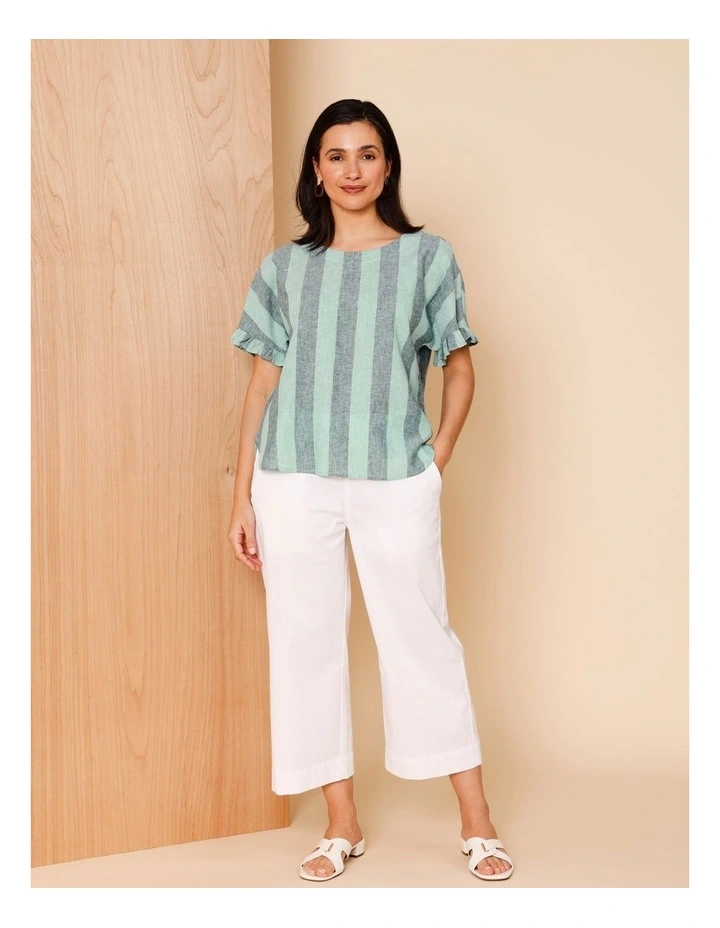 Frill Short Sleeve Vertical Stripe Top In Teals image 3