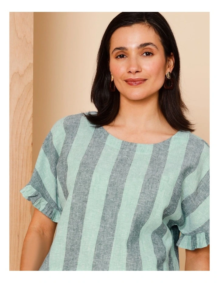 Frill Short Sleeve Vertical Stripe Top In Teals image 4