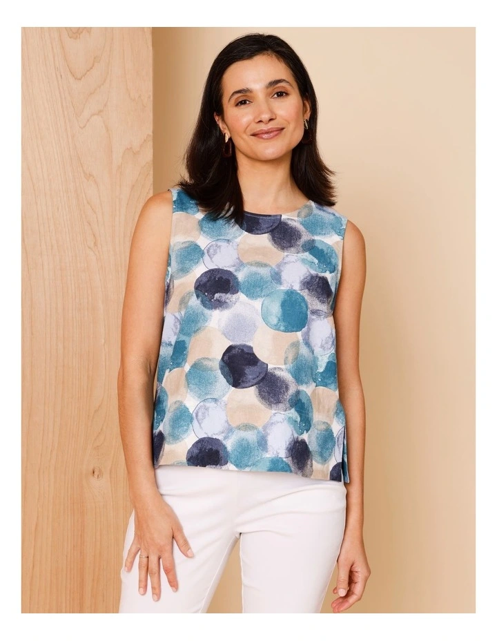 Sleeveless Shell Top With Deep Hem In Blues Watercolour Spots image 1