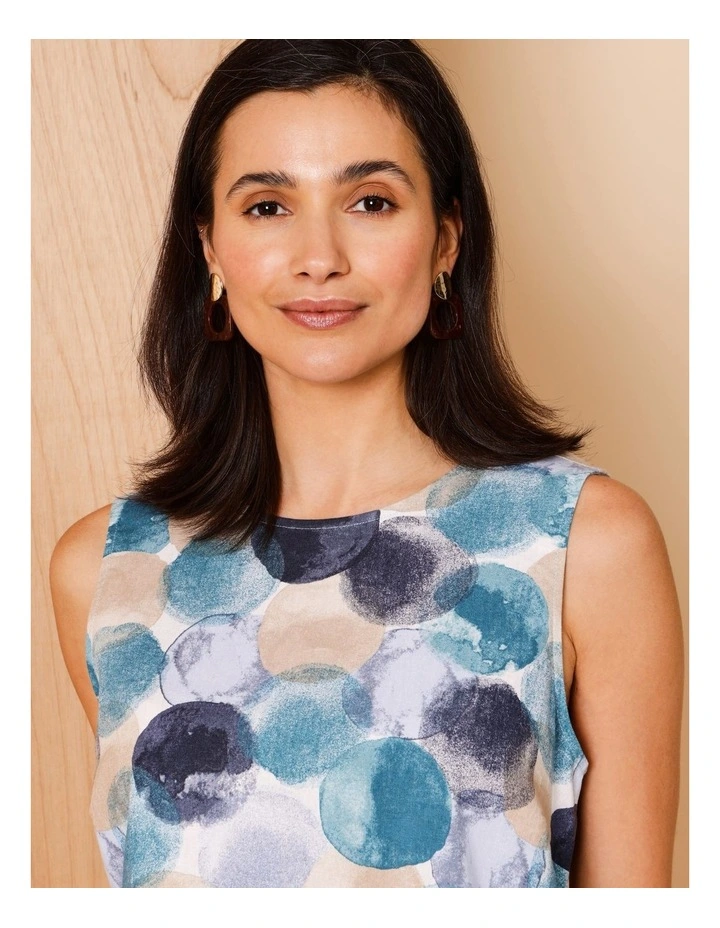 Sleeveless Shell Top With Deep Hem In Blues Watercolour Spots image 2