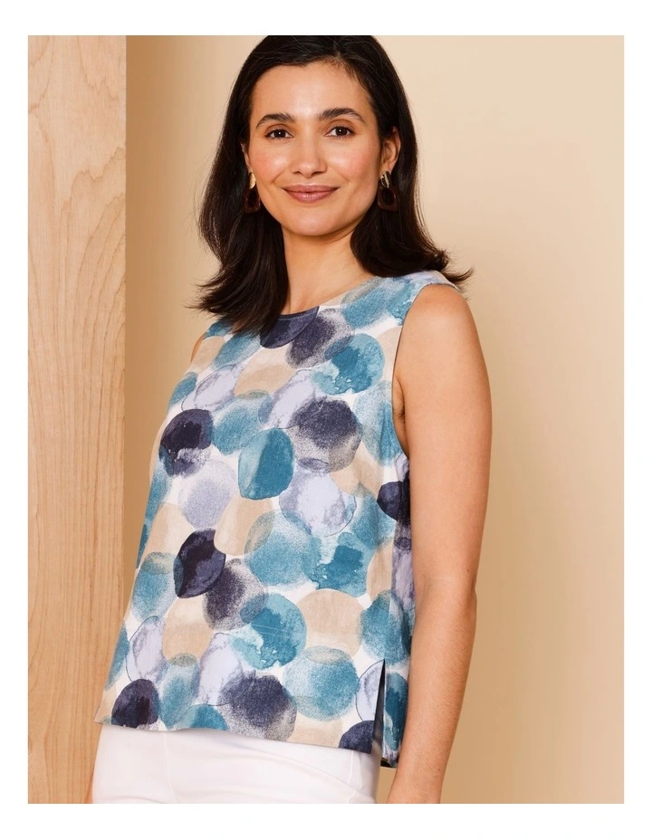 Sleeveless Shell Top With Deep Hem In Blues Watercolour Spots image 4