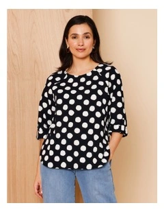 3/4 Roll Sleeve Top With Shaped Hem In Navy/White Spot