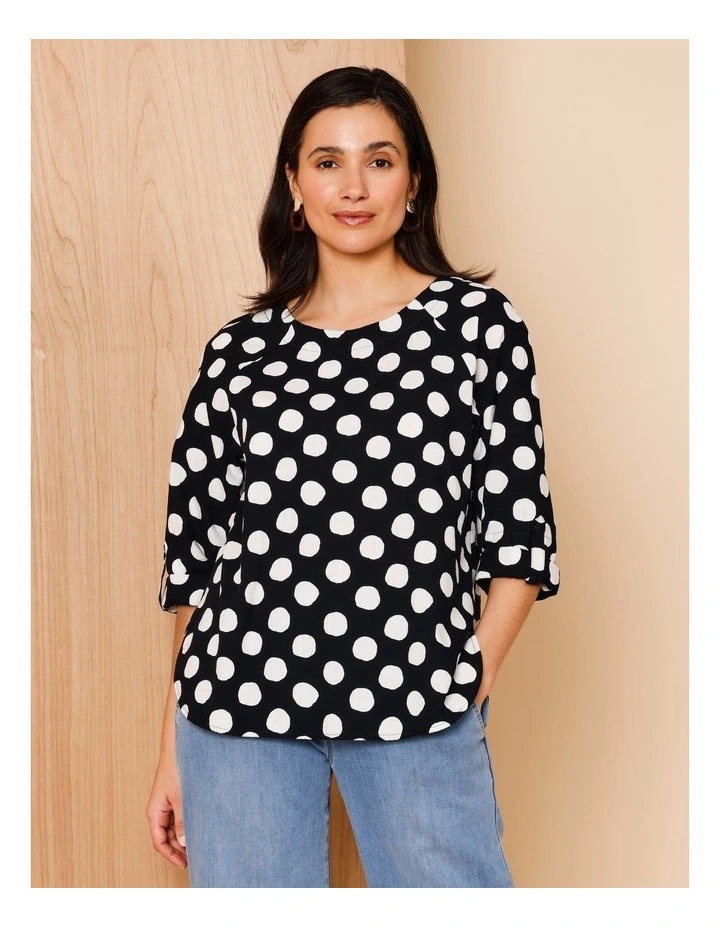 3/4 Roll Sleeve Top With Shaped Hem In Navy/White Spot image 1