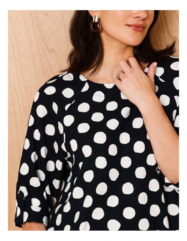 3/4 Roll Sleeve Top With Shaped Hem In Navy/White Spot image 2