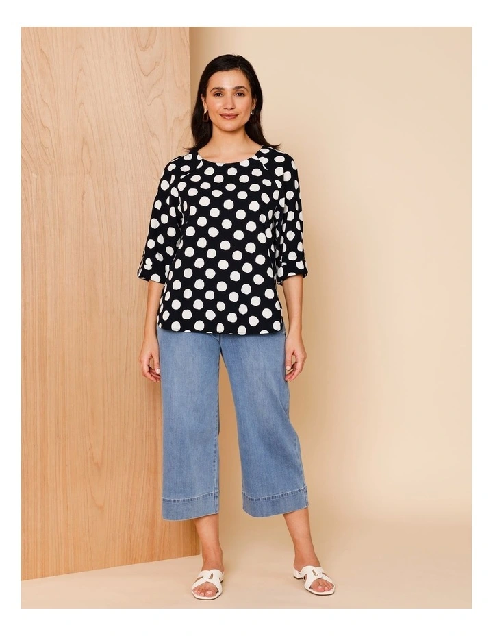 3/4 Roll Sleeve Top With Shaped Hem In Navy/White Spot image 3