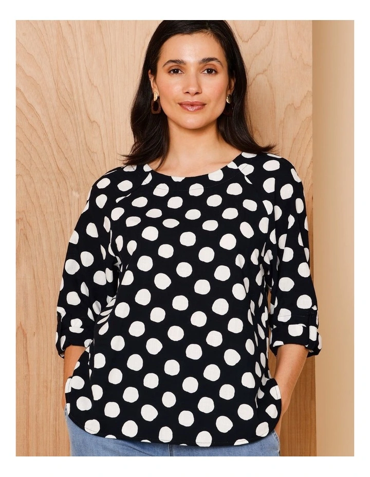 3/4 Roll Sleeve Top With Shaped Hem In Navy/White Spot image 4