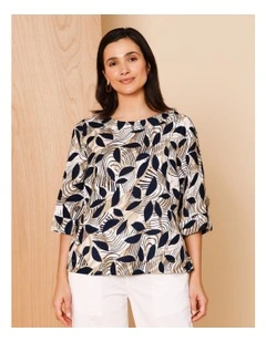 3/4 Sleeve Top With Cuff With Large Button In Neutral/ White/ Navy Abstract