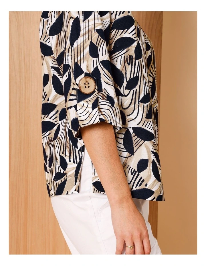 3/4 Sleeve Top With Cuff With Large Button In Neutral/ White/ Navy Abstract image 3