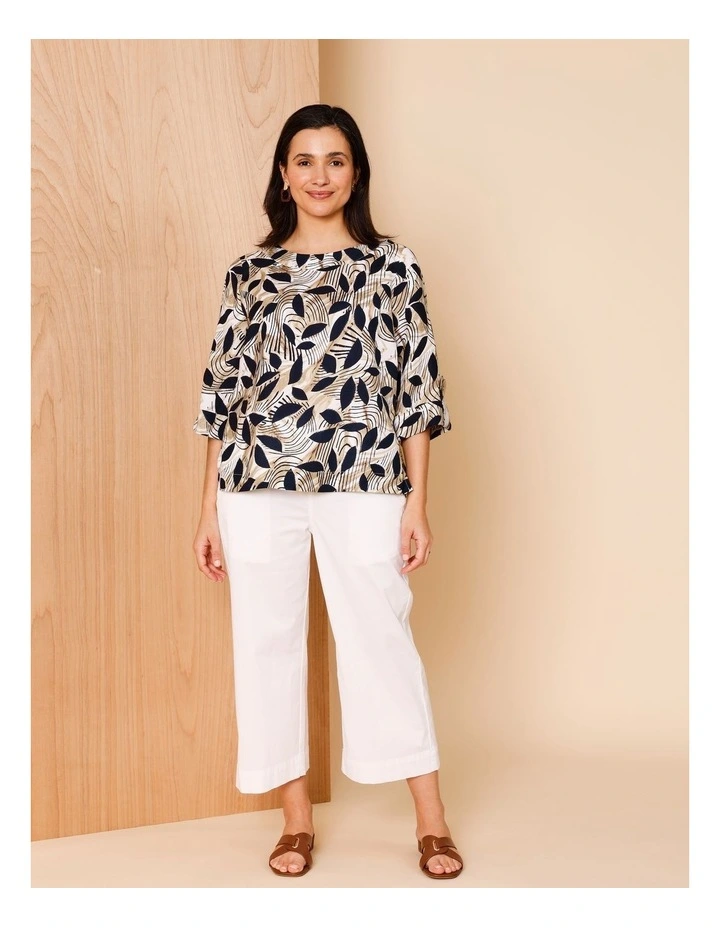 3/4 Sleeve Top With Cuff With Large Button In Neutral/ White/ Navy Abstract image 5