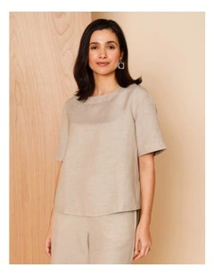 Short Sleeve Curved Hem Top In Oatmeal Crossdye With Contrast Top Stitch