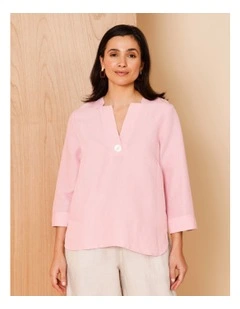 V Neck 3/4 Sleeve Top With Stand Collar In Powder Pink