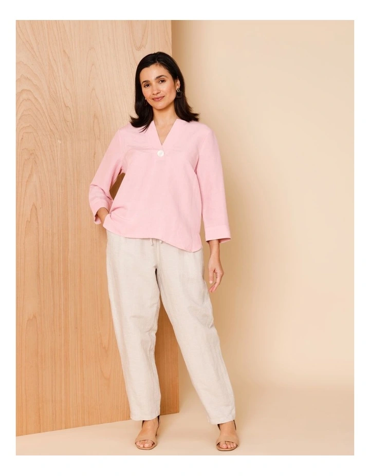 V Neck 3/4 Sleeve Top With Stand Collar In Powder Pink image 2