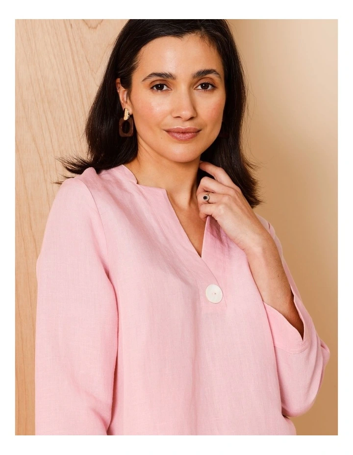 V Neck 3/4 Sleeve Top With Stand Collar In Powder Pink image 3