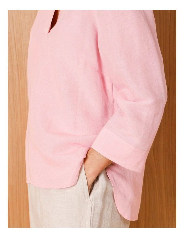 V Neck 3/4 Sleeve Top With Stand Collar In Powder Pink image 4
