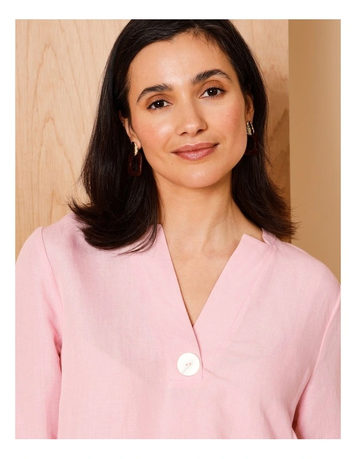 V Neck 3/4 Sleeve Top With Stand Collar In Powder Pink image 5