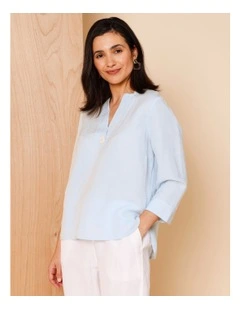 V Neck 3/4 Sleeve Top With Stand Collar In Barely Blue