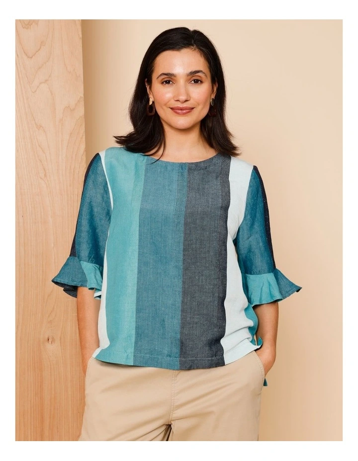 Fluted Sleeve Top In Blues/Teals Wide Stripe image 1