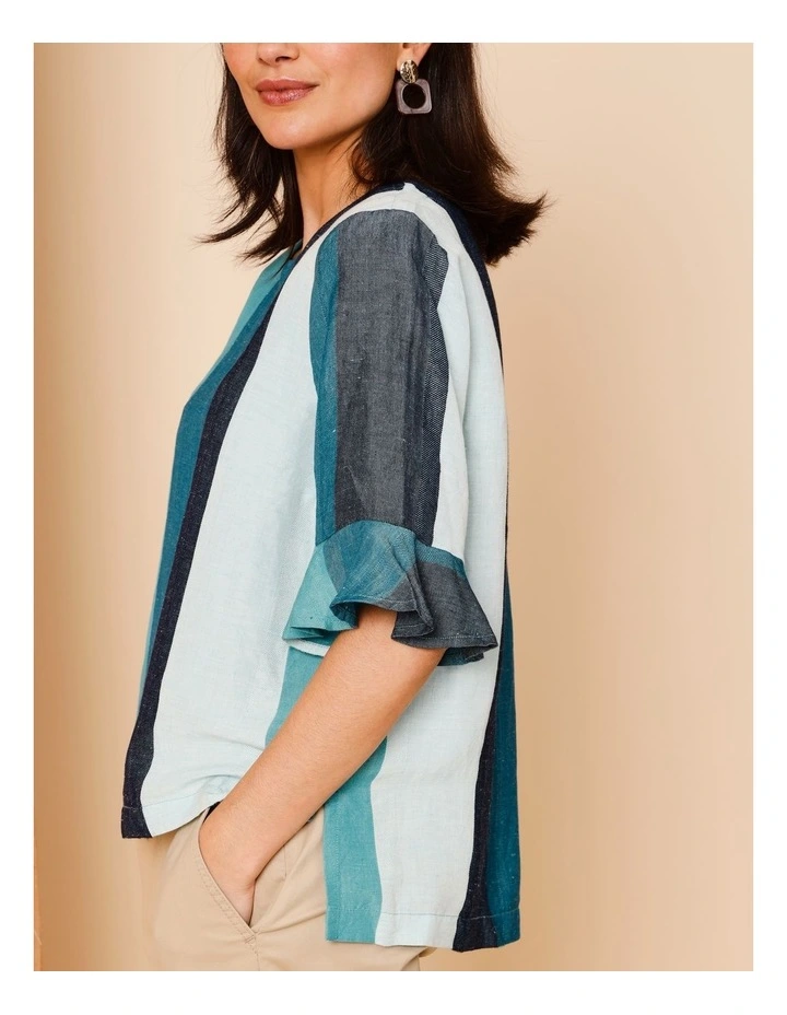 Fluted Sleeve Top In Blues/Teals Wide Stripe image 2