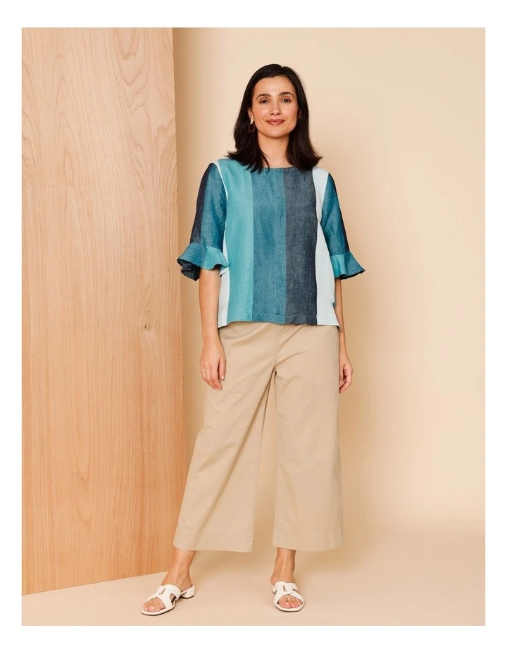 Fluted Sleeve Top In Blues/Teals Wide Stripe image 3